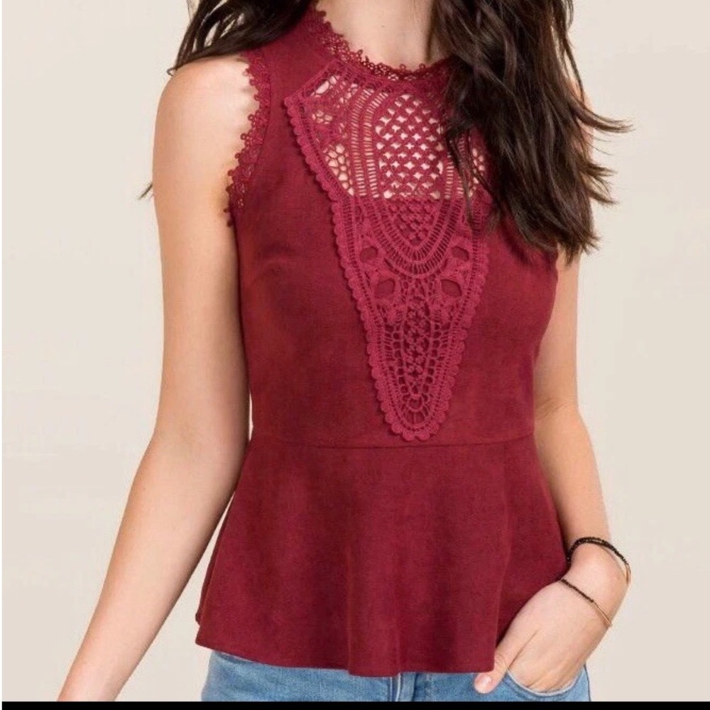 Alya Burgundy Suede Lace Crochet Peplum Top‎ Women's Size Large